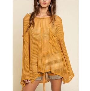 New POL Mustard Gold Sheer High Low Boho  oat Neck Trumpet Sleeve Boho Top